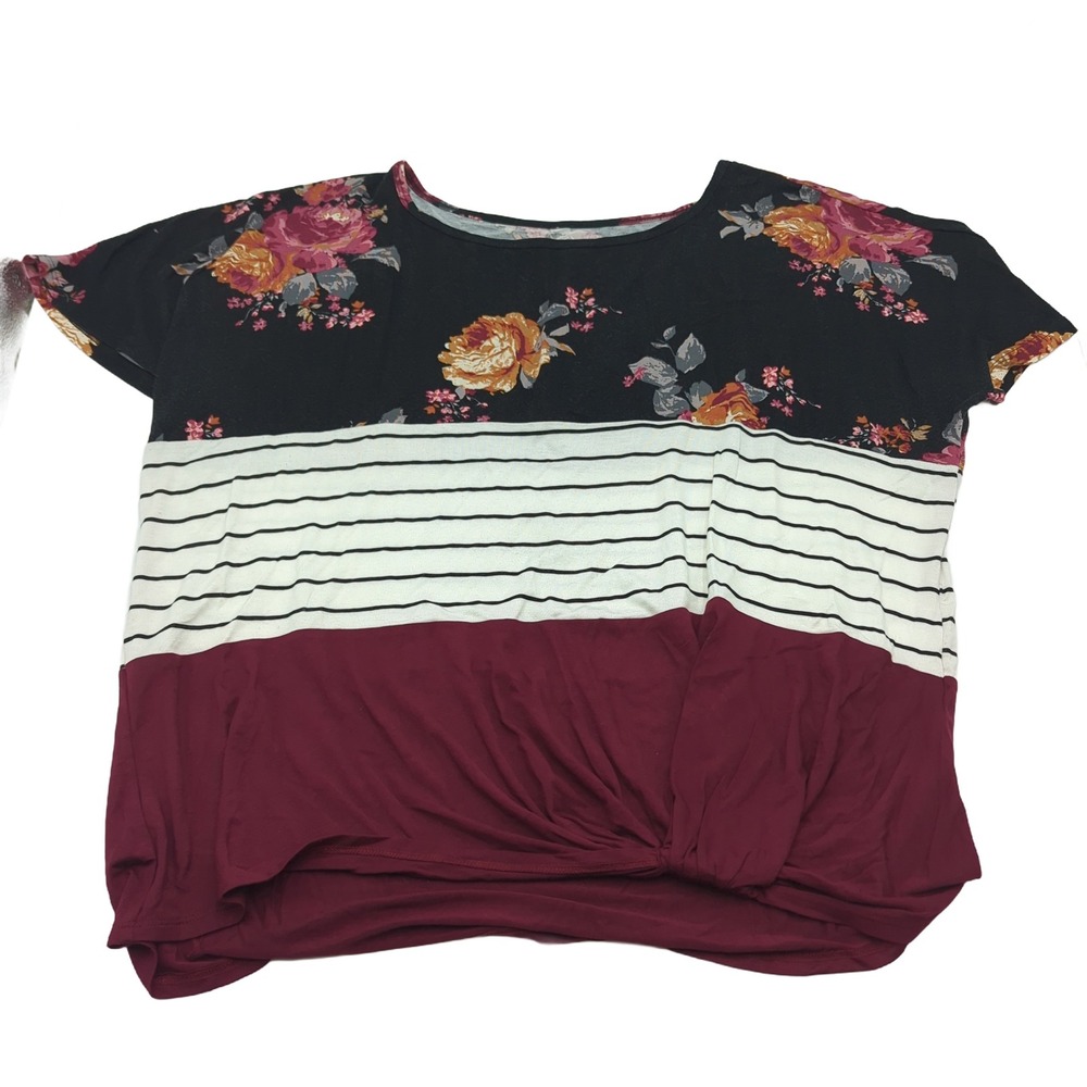24/7 by Maurices Womens XL Floral Striped Colorblock Knot Front Top Burgundy